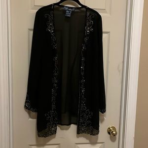 Susan Graver shear cardigan black beaded trim.